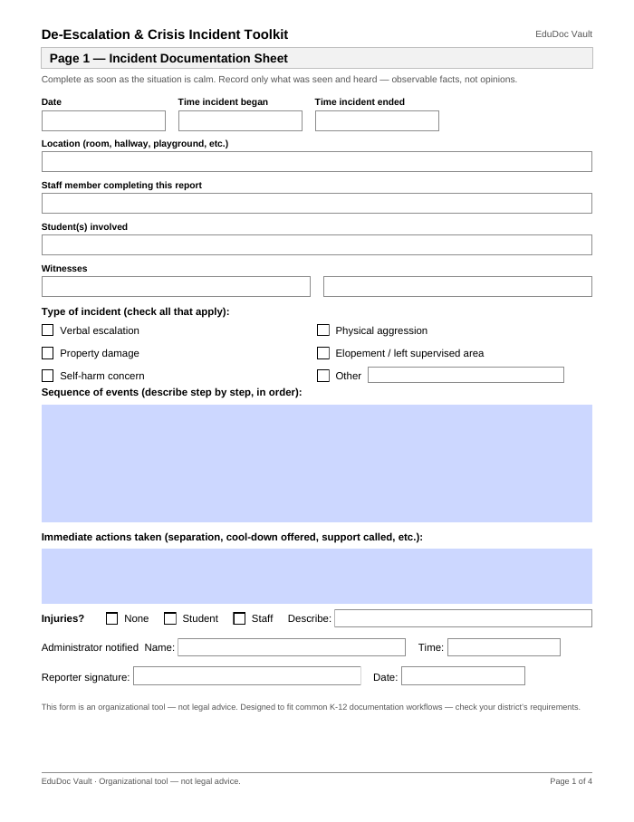 Page one of the De-Escalation & Crisis Incident Toolkit