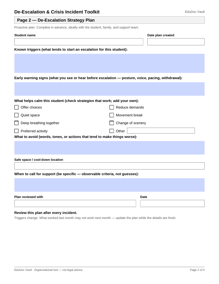 Actual page 2 of the De-Escalation & Crisis Incident Toolkit PDF — Page 2 — De-escalation strategy plan