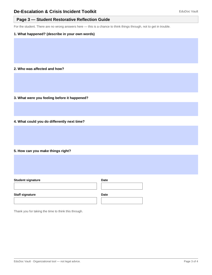 Actual page 3 of the De-Escalation & Crisis Incident Toolkit PDF — Page 3 — Student restorative reflection guide