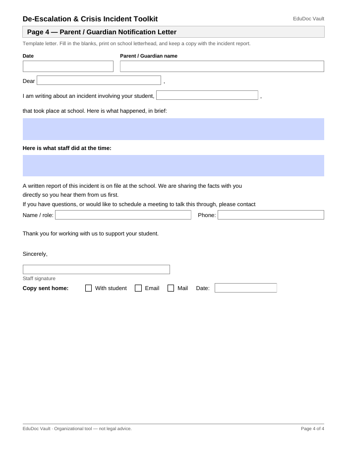 Actual page 4 of the De-Escalation & Crisis Incident Toolkit PDF — Page 4 — Parent/guardian notification letter