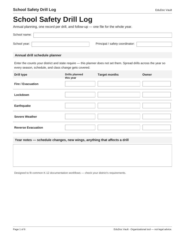 Actual page 1 of the School Safety Drill Log PDF — Page 1 — Annual drill schedule planner