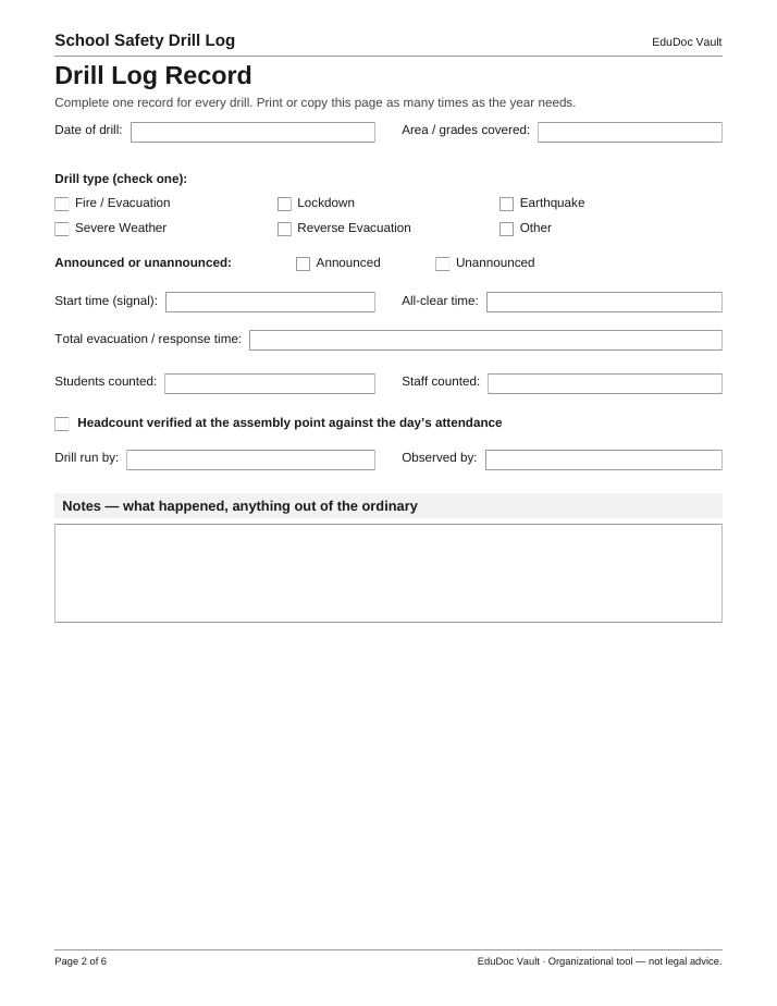 Actual page 2 of the School Safety Drill Log PDF — Page 2 — Drill log record