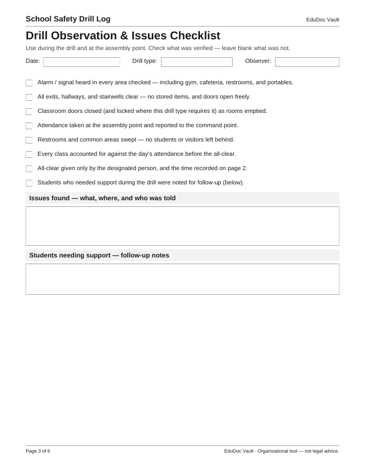Actual page 3 of the School Safety Drill Log PDF — Page 3 — Drill observation & issues checklist