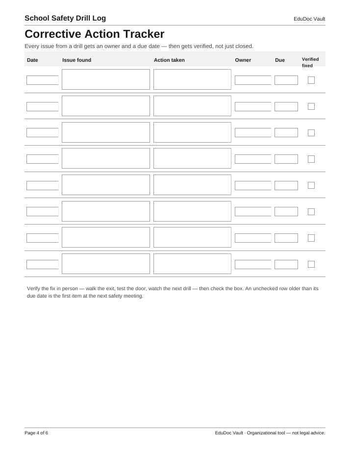 Actual page 4 of the School Safety Drill Log PDF — Page 4 — Corrective action tracker
