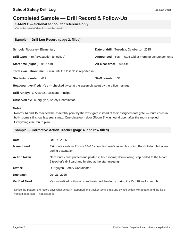 Actual page 5 of the School Safety Drill Log PDF — Page 5 — Completed sample