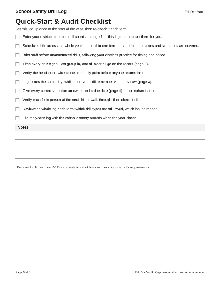 Actual page 6 of the School Safety Drill Log PDF — Page 6 — Quick-start & audit checklist