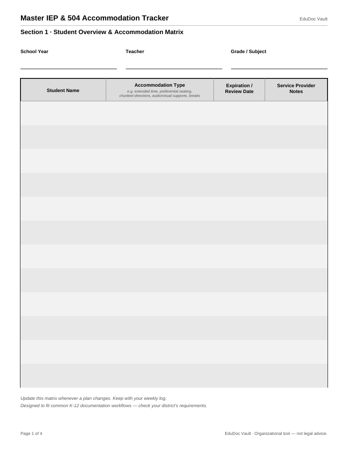 Page one of the Master IEP and 504 Accommodation Tracker — student accommodation matrix