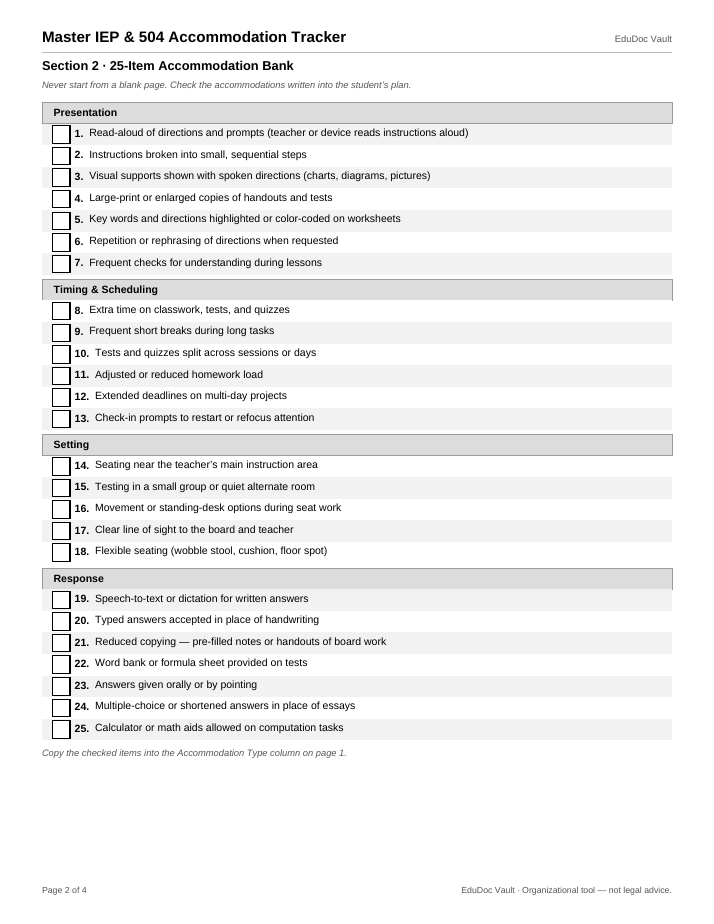 Actual page 2 of the Master IEP & 504 Accommodation Tracker PDF — Page 2 — 25-item accommodation bank