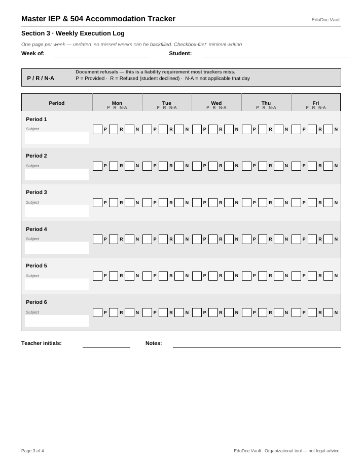 Actual page 3 of the Master IEP & 504 Accommodation Tracker PDF — Page 3 — Weekly execution log