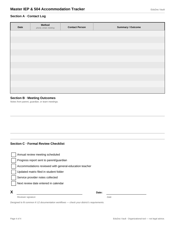 Actual page 4 of the Master IEP & 504 Accommodation Tracker PDF — Page 4 — Communication audit & review checklist