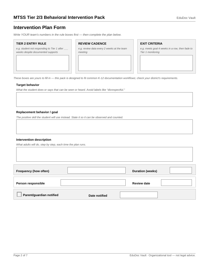 Actual page 2 of the MTSS Tier 2/3 Behavioral Intervention Pack PDF — Page 2 — Intervention plan form