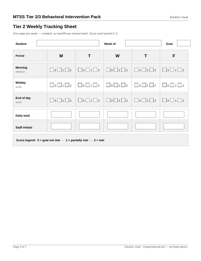 Actual page 3 of the MTSS Tier 2/3 Behavioral Intervention Pack PDF — Page 3 — Tier 2 weekly tracking sheet