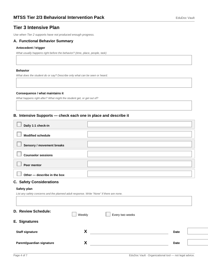 Full page view: intervention review page from the MTSS Tier 2/3 Behavioral Intervention Pack