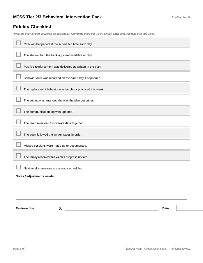 Actual page 6 of the MTSS Tier 2/3 Behavioral Intervention Pack PDF — Page 6 — Fidelity checklist