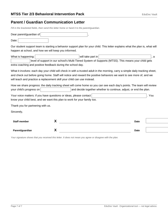 Actual page 7 of the MTSS Tier 2/3 Behavioral Intervention Pack PDF — Page 7 — Family letter