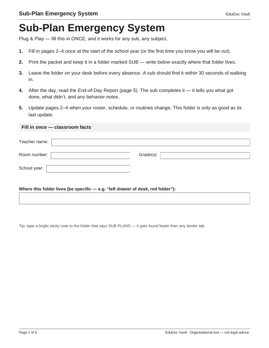 Page one of the Sub-Plan Emergency System (Plug & Play)