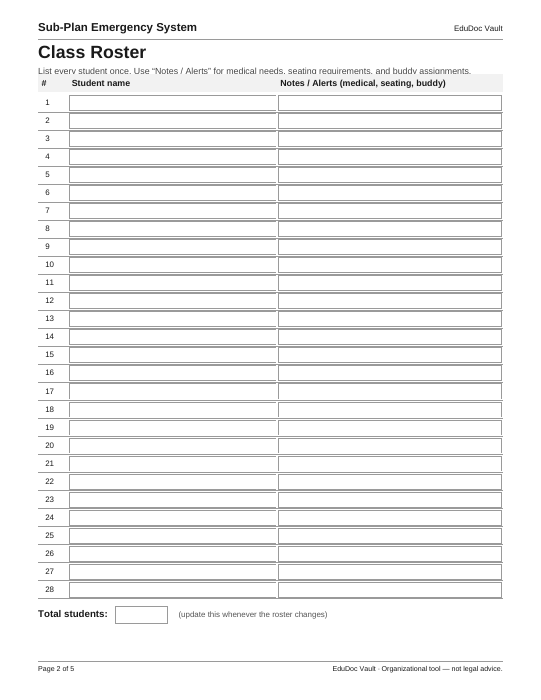 Actual page 2 of the Sub-Plan Emergency System (Plug & Play) PDF — Page 2 — Class roster