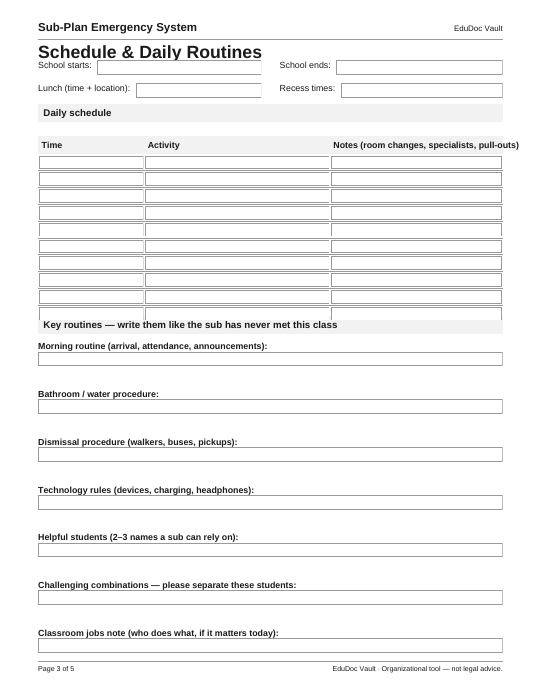 Actual page 3 of the Sub-Plan Emergency System (Plug & Play) PDF — Page 3 — Schedule & daily routines