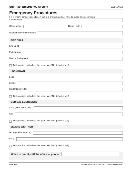 Actual page 4 of the Sub-Plan Emergency System (Plug & Play) PDF — Page 4 — Emergency procedures
