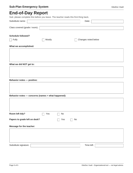 Actual page 5 of the Sub-Plan Emergency System (Plug & Play) PDF — Page 5 — End-of-day report