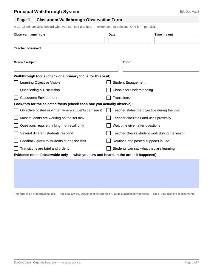 Actual page 1 of the Principal Walkthrough System PDF — Page 1 — Classroom walkthrough observation form