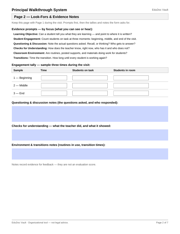 Actual page 2 of the Principal Walkthrough System PDF — Page 2 — Look-fors & evidence notes