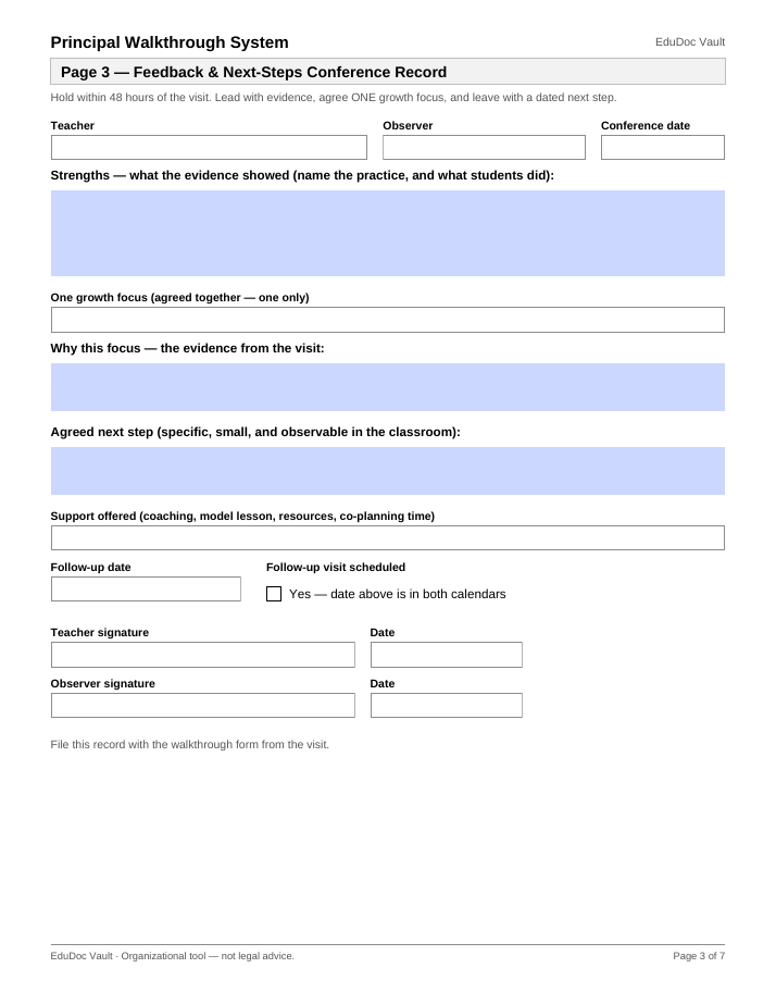 Actual page 3 of the Principal Walkthrough System PDF — Page 3 — Feedback & next-steps conference record