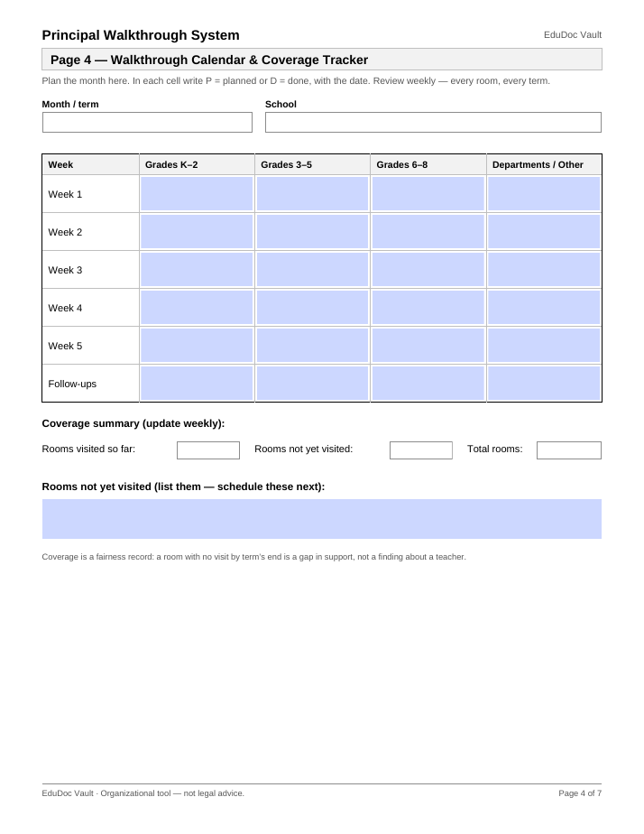 Actual page 4 of the Principal Walkthrough System PDF — Page 4 — Walkthrough calendar & coverage tracker
