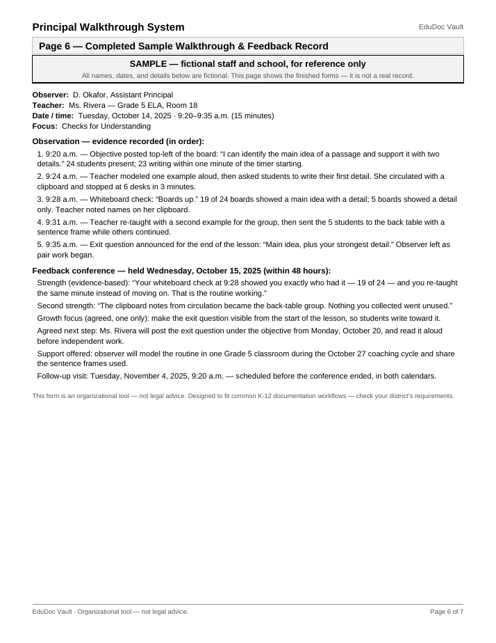 Actual page 6 of the Principal Walkthrough System PDF — Page 6 — Completed sample