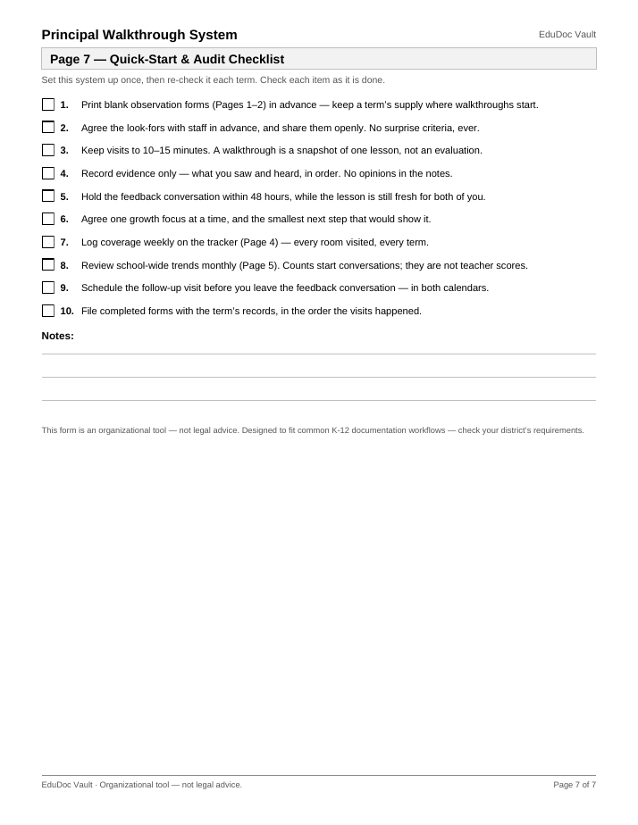 Actual page 7 of the Principal Walkthrough System PDF — Page 7 — Quick-start & audit checklist